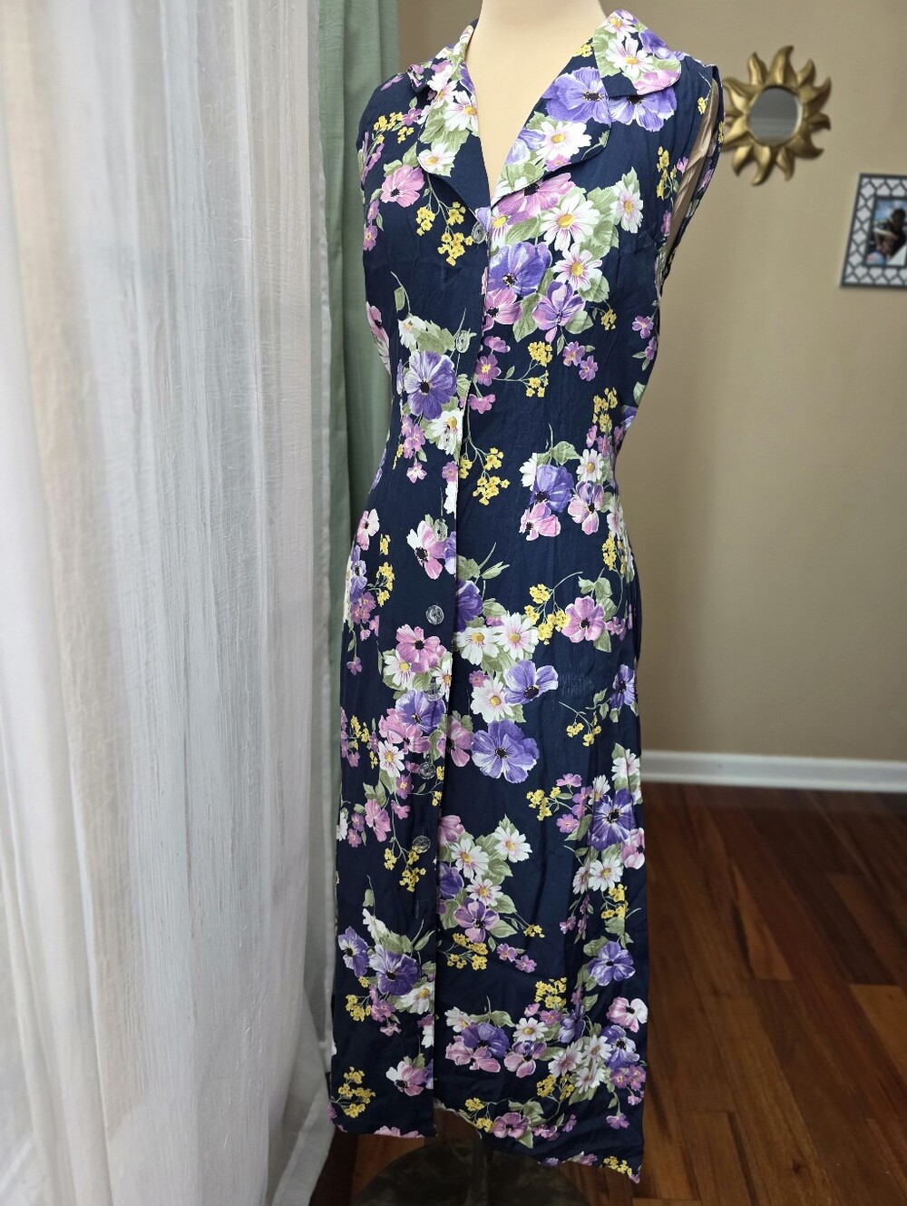 Vintage 90s Floral Maxi Dress M Rayon Tie Back Button Front Cottagecore Grunge